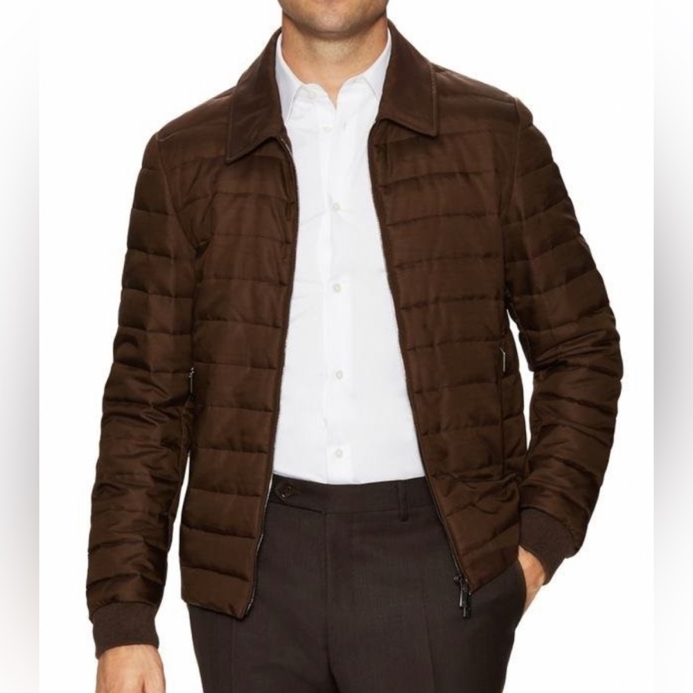 Canali Men's Brown Spread Collar Puffer Jacket Size 54